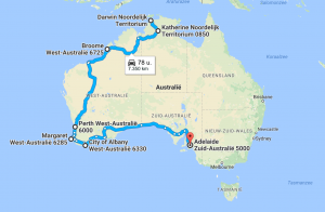 Een mogelijke route van Darwin naar Adelaide